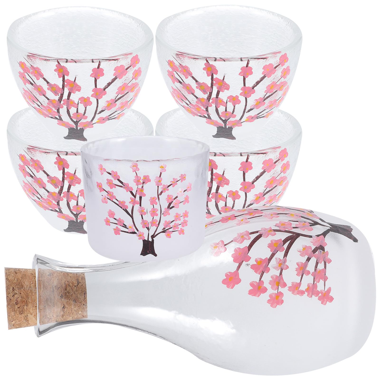 日式桜柄ガラス製日本酒セット 酒器ポットと盃 和風テーブル装飾用 家庭 バー ホテル向けドリンクセット 4個｜NeoMart