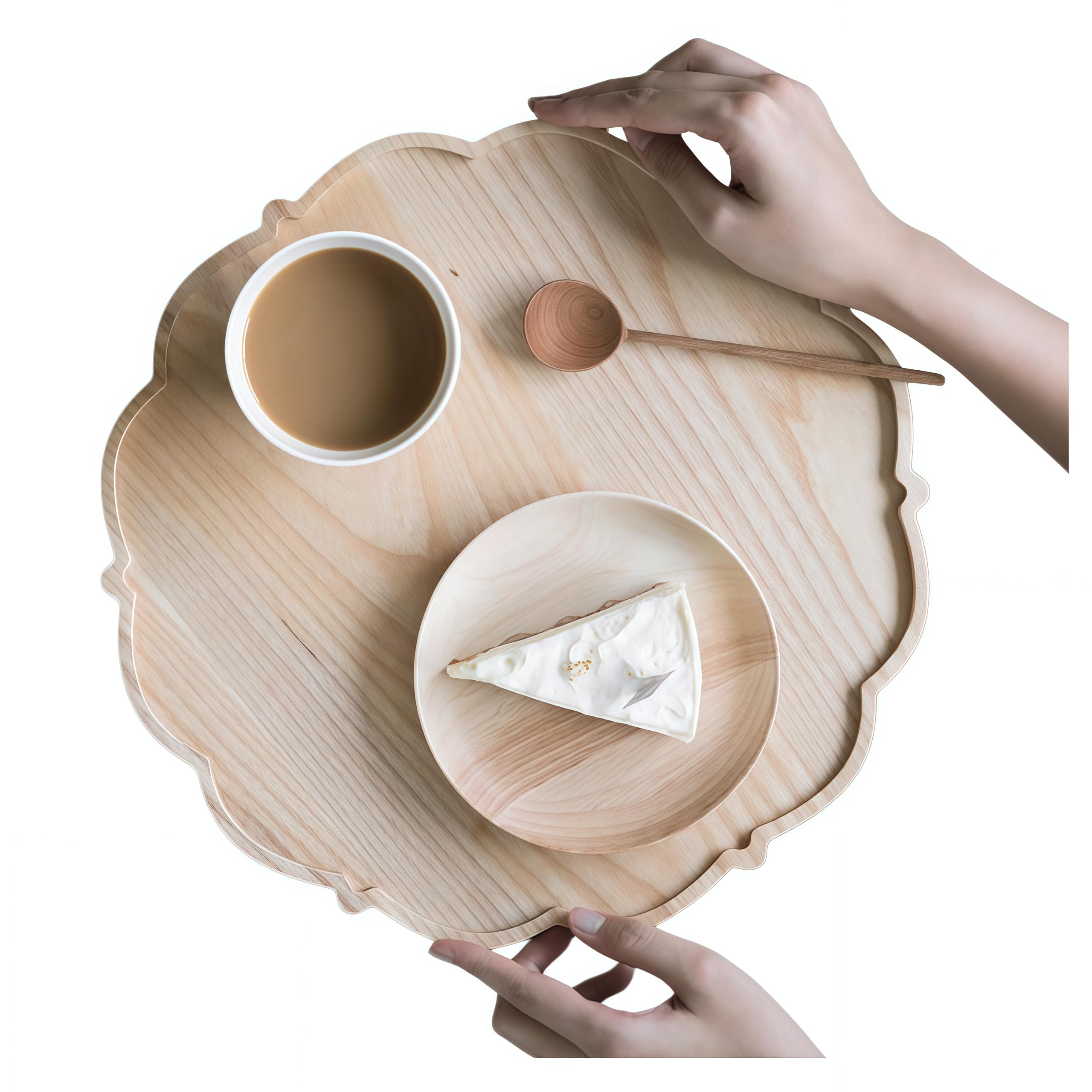 花型 丸型 お盆・トレー カフェ風 和風 茶道セット用 お茶受け 来客用 ランチ 料理盛り付け 小物置き 業務用・家庭用 おしゃれ 手作り風 無垢材 (天然木の色)|NeoMart