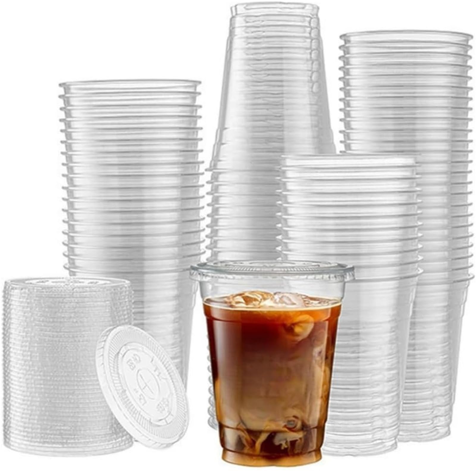 使い捨てドリンクカップ 蓋付き 100個 透明プラスチックカップ 使い捨て 割れにくい フリー アイスコールドドリンク用 コーヒー ティー ジュース スムージー バブルボバ フラップチーノ (360,直飲み蓋) (直飲み蓋,360)|NeoMart