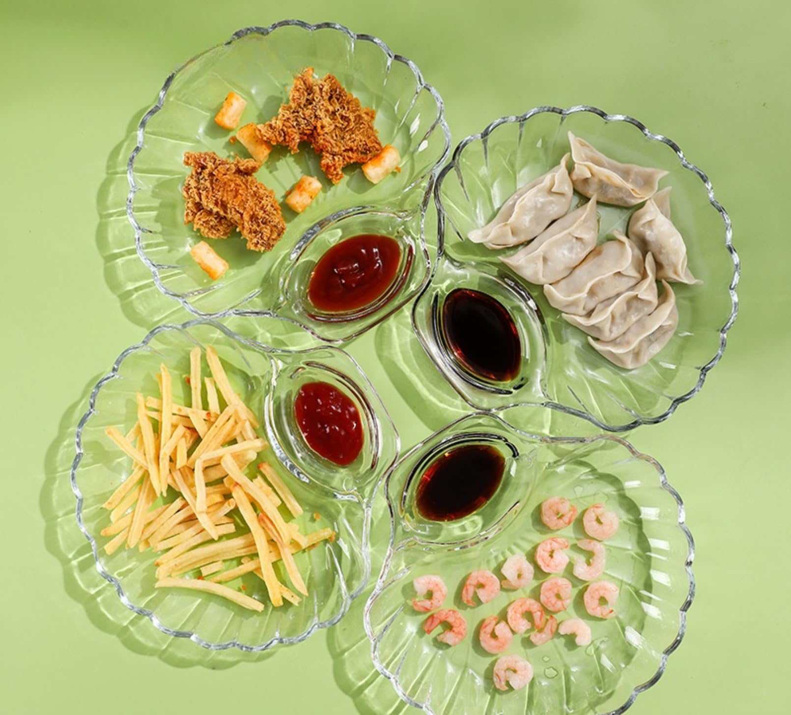 餃子皿 刺身皿 寿司皿 プレート 和風 お皿 食器 ガラス製 仕切り皿 貝殻型餃子皿 タレ皿付き ランチプレート ディナープレート 果物･デザート･ポテトチップス･おやつ皿 食洗機対応 盛り合わせ サラダ皿 透明 おしゃれ キッチン用品 (4個セット)｜NeoMart