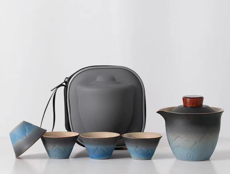 茶器セット 旅行ティーセット 急須セット 収納バッグ付き 茶器 和風 中国茶 携帯急須 陶器湯呑みセット コンパクト お出かけ用 収納バッグ付き陶器湯呑みセット (ブラック)|NeoMart