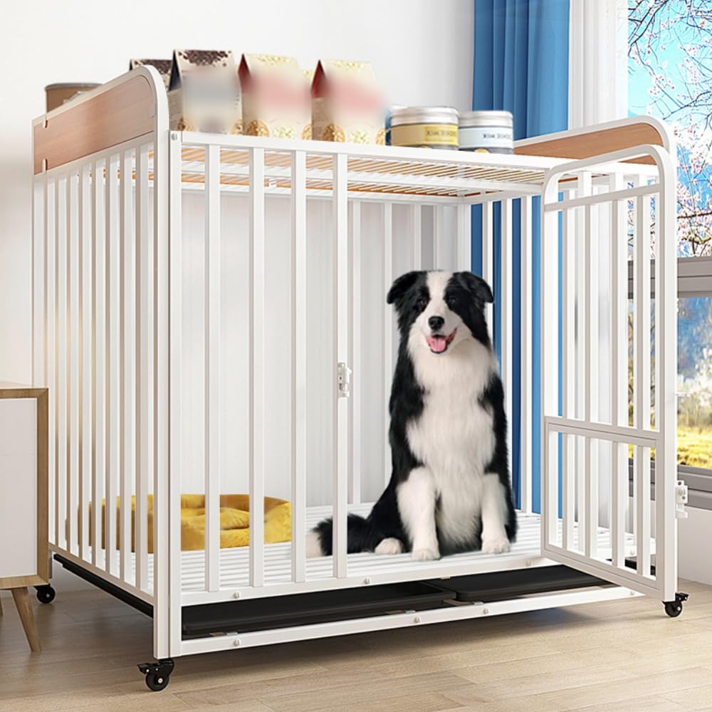 犬 ゲージ、大型犬 ゲージ、ペットケージ カゴ ドッグクレート ジ 屋根付き 耐荷重100 折り畳み式 キャスター付き 中型犬 脱走防止 頑丈 組立簡単 屋内/屋外 (ホワイト,79*50*75)｜NeoMart