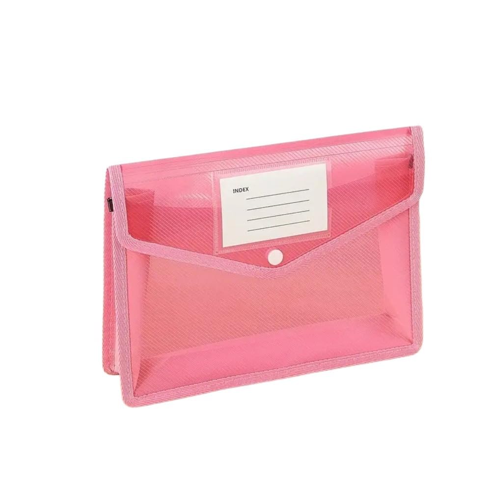 4サイズ厚手スナップボタン式書類バッグ、33&times;25、厚手透明プラスチック＋耐摩耗性エッジウェビング、契約書、試験用紙、領収書などを収納できる大容量、分類ラベル付き、複数色展開 (5（10個）,ピンク)｜NeoMart