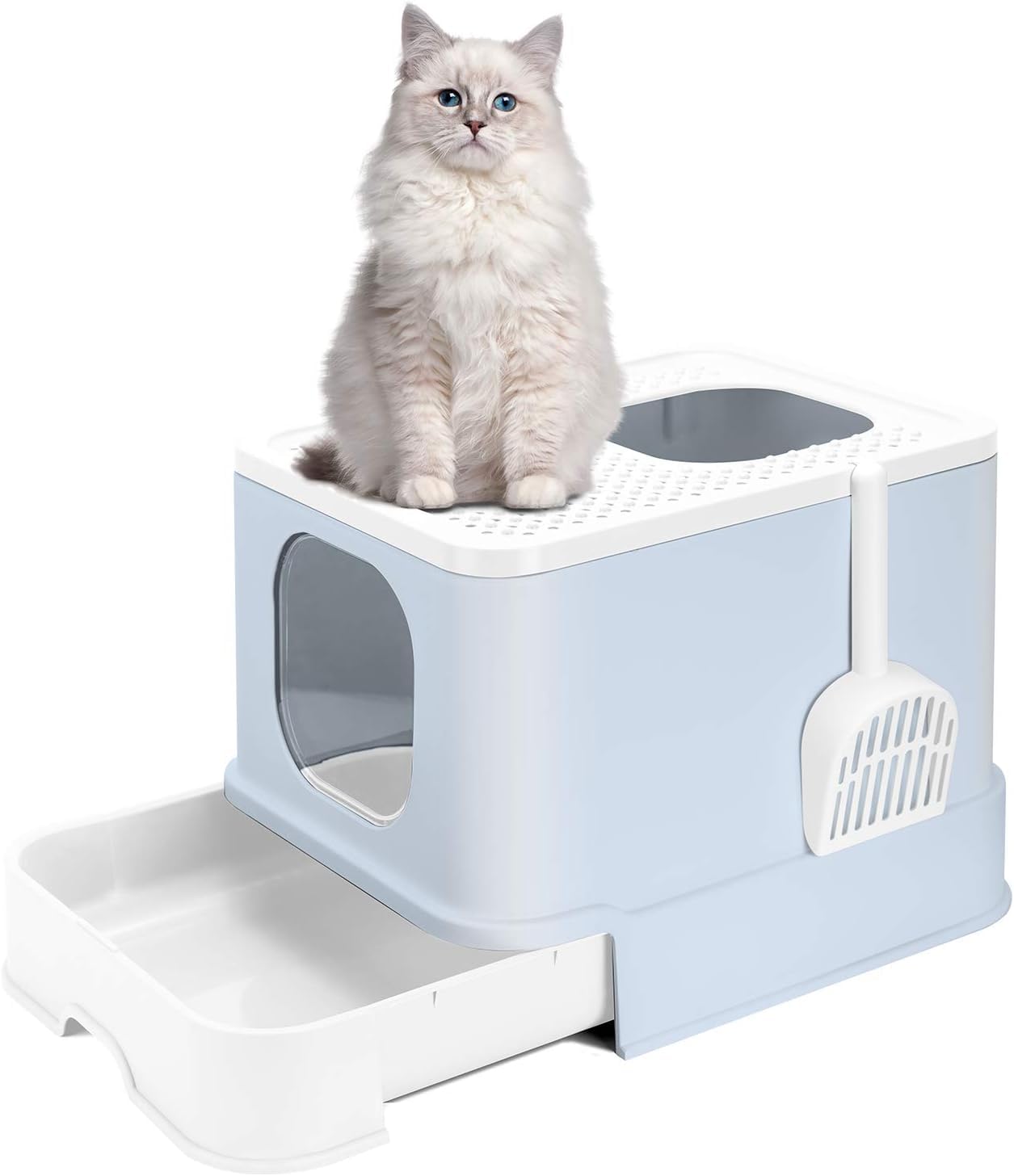 大型猫用トイレ 大容量 トイレ本体 引き出し付き 脱臭抗菌 砂飛び散り防止 掃除簡単 組み立て簡単 ブルー おしゃれ 人気 50*43*38｜NeoMart