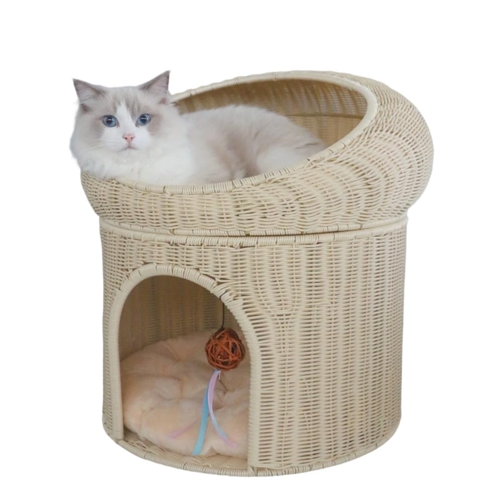 猫用ベッド、二段式、密閉型、頑丈で環境に優しい、冬夏兼用、水洗い可能、精巧な編み込み、耐久性に優れ、耐摩耗・耐引っかき性、家庭用・室内用、あらゆる成長段階の猫に適しています。 (,50*50*52)｜NeoMart