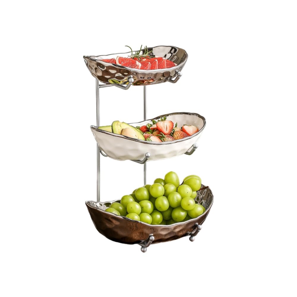 [] フルーツ収納ラック多功能収納棚 デザート果物野菜入れ 小物収納 インテリア 卓上パーティー キッチントレイ (三段,シルバー)｜NeoMart
