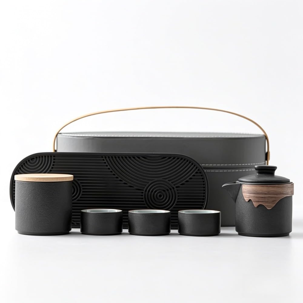 茶器セット。6点セット。急須1個、茶碗4個、トレイ1個、収納ケース付き。陶器製、耐熱性あり。コンパクトで持ち運びに便利。洗浄可能で収納も簡単。ニューチャイニーズスタイル。旅行、お土産、オフィス、ビジネスギフトに最適。 (,6点セット)|NeoMart