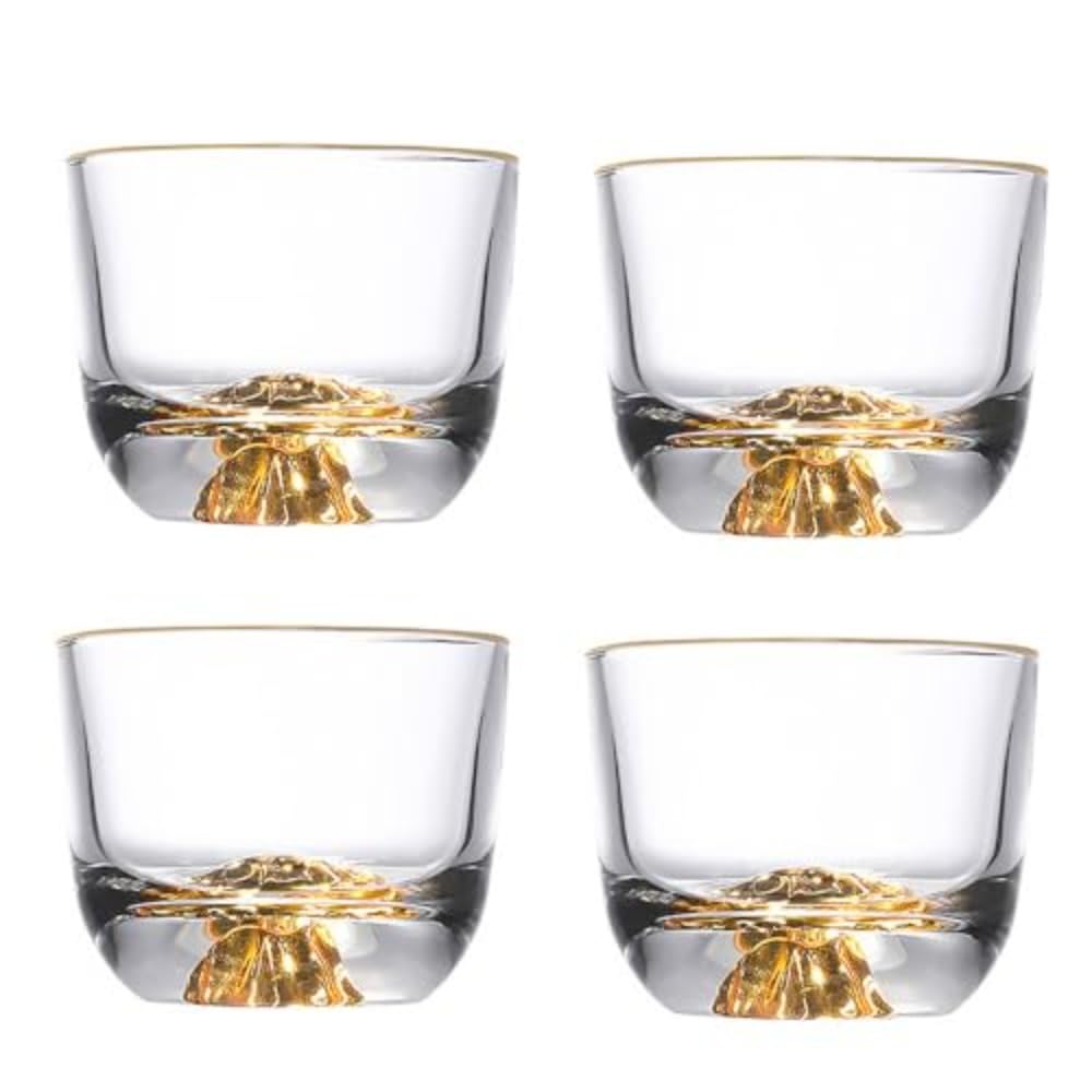 鉛フリークリスタルグラス 110 日本酒グラス 観山杯 酒器 茶盞 日本酒・洋酒兼用 個人用単杯 (4個,ゴールドアイスバーグ)|NeoMart