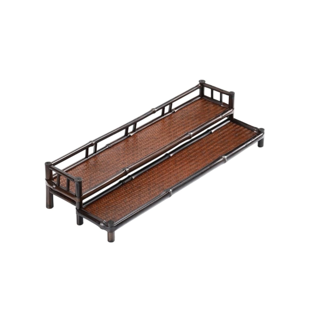 天然竹の節を組み合わせた2段・3段の茶道具ラック。上部は手編みの竹籠。全長50。奥行きは19、21、28の3種類。柵付きの段違いディスプレイラック。多段式の茶道小物収納台。 (50*19*10,竹)|NeoMart