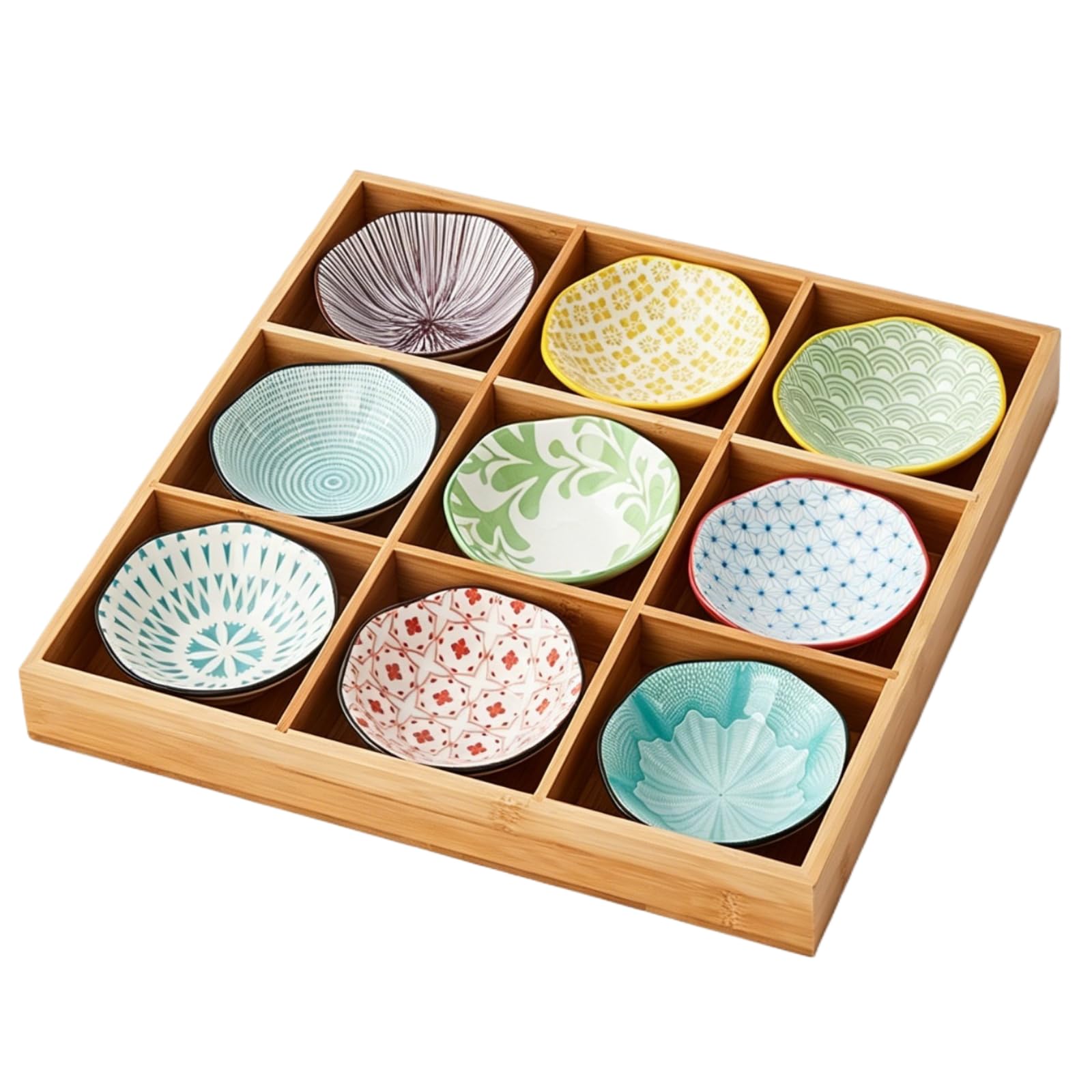 和食器 9点セット 小鉢 小皿セット 竹トレイ付き 陶器製 仕切り皿 前菜皿 醤油皿 盛り鉢 深型 セラミック 寿司皿 焼肉皿 火鍋皿 ドライフルーツ皿 おつまみ皿 食洗機対応 (竹製9グリッド,)|NeoMart