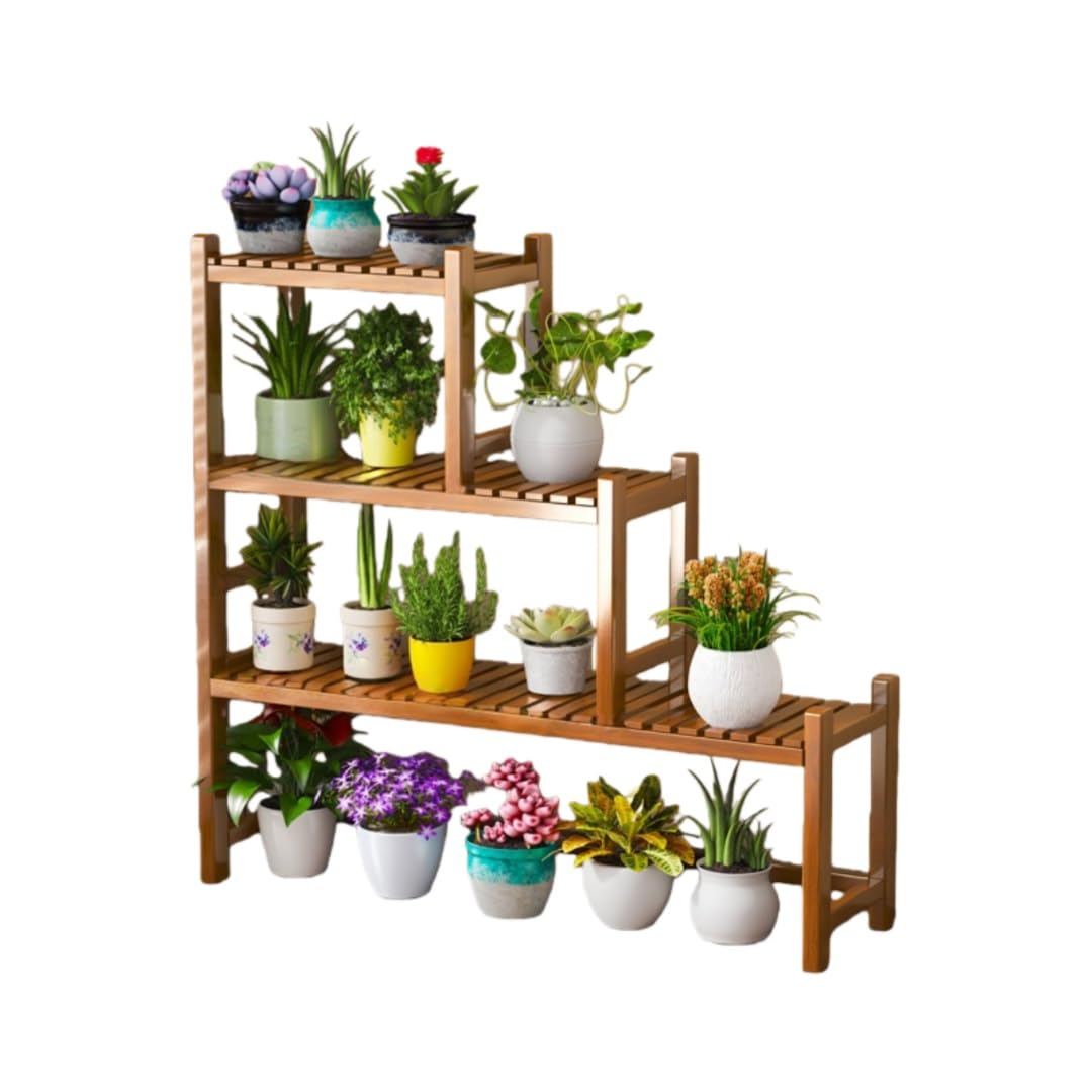木製 フラワースタンド 2段/3段 花台 プランタースタンド 屋内 屋外 兼用 頑丈 すのこ棚 観葉植物 多肉植物 鉢スタンド 幅広台面 60/90 (ブラウン、3層、15)|NeoMart