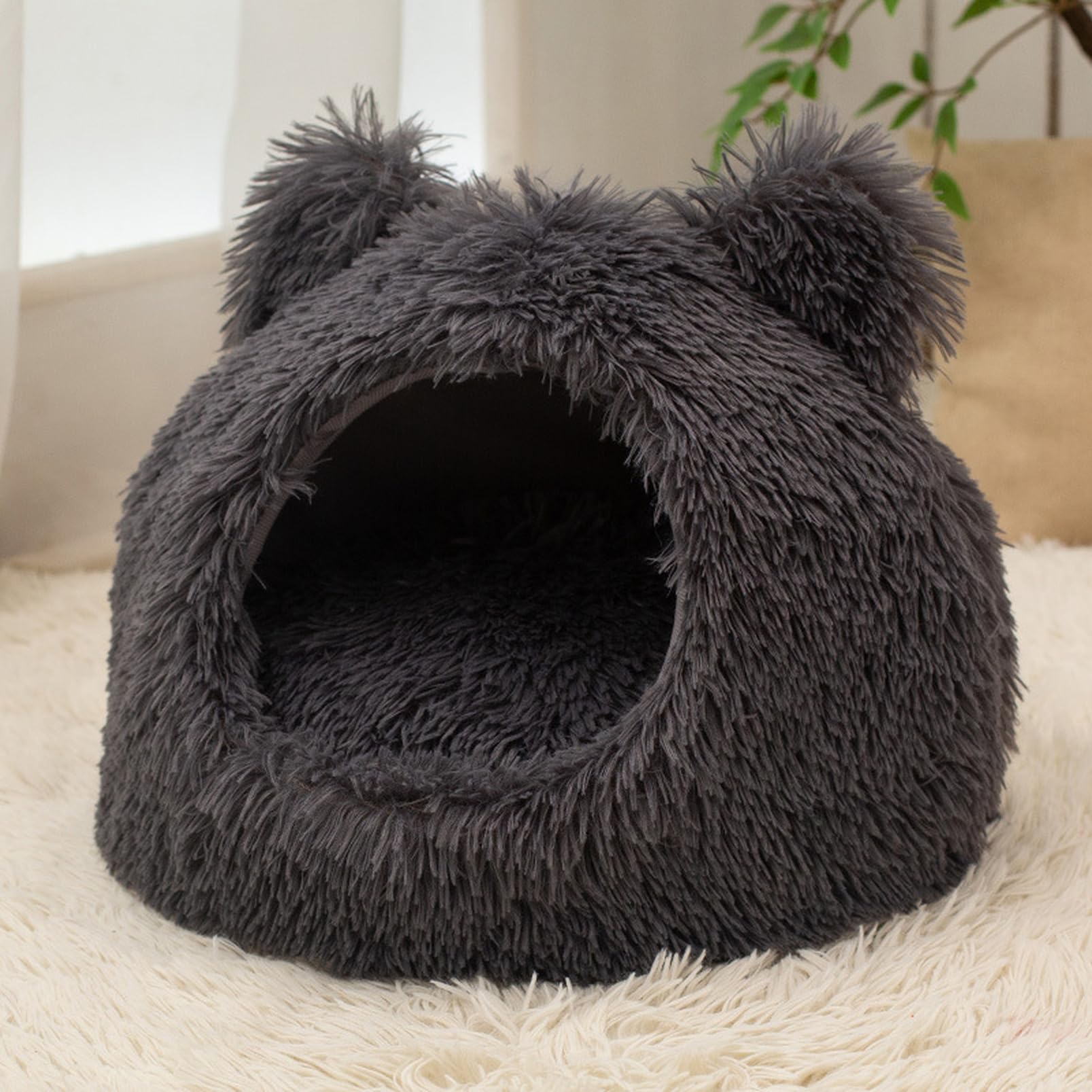 [3] ペットベッド 猫 55*55 寝床 ドーム 半密閉型 キャットハウス 通気性 犬ハウス 小動物 小型犬 ペット かわいい ダークグレー 寒さ対策 保温防寒 犬ベッド 猫ベッド 暖かい ネコベッド ペットハウス ふわふわ 室内 洗える クッション付き｜NeoMart