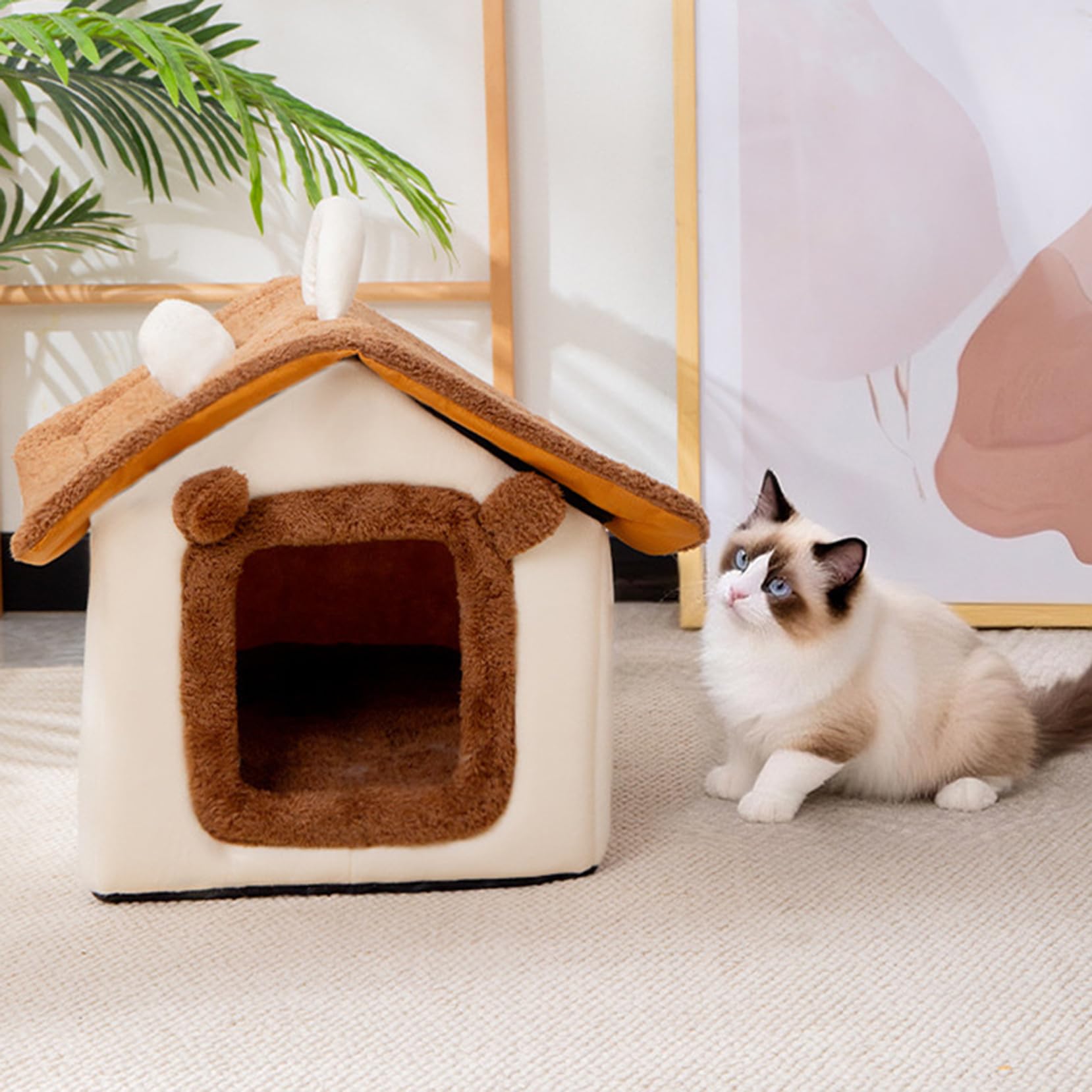 [3] 犬 ブラウン 猫 ペット ベッド ふわふわ ドームハウス ペットベッド 40*35*35 冬 洗える ドーム あったか 暖かい 保温 おしゃれ かわいい もこもこ 小型犬 室内 クッション付き 手洗い ぐっすり眠れる 寒さ対策 滑り止め ペット用品｜NeoMart