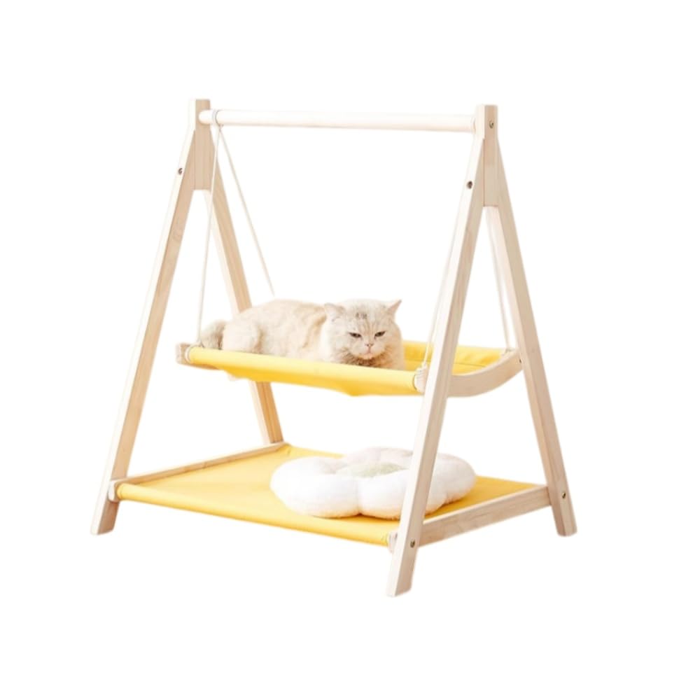 猫用ハンモック、木製猫用ベッド、吊り下げ式、ペット用ロッキングベッド、猫用ゆりかご、猫と犬に最適、二重層、無垢材 (二重層,イエロー)|NeoMart