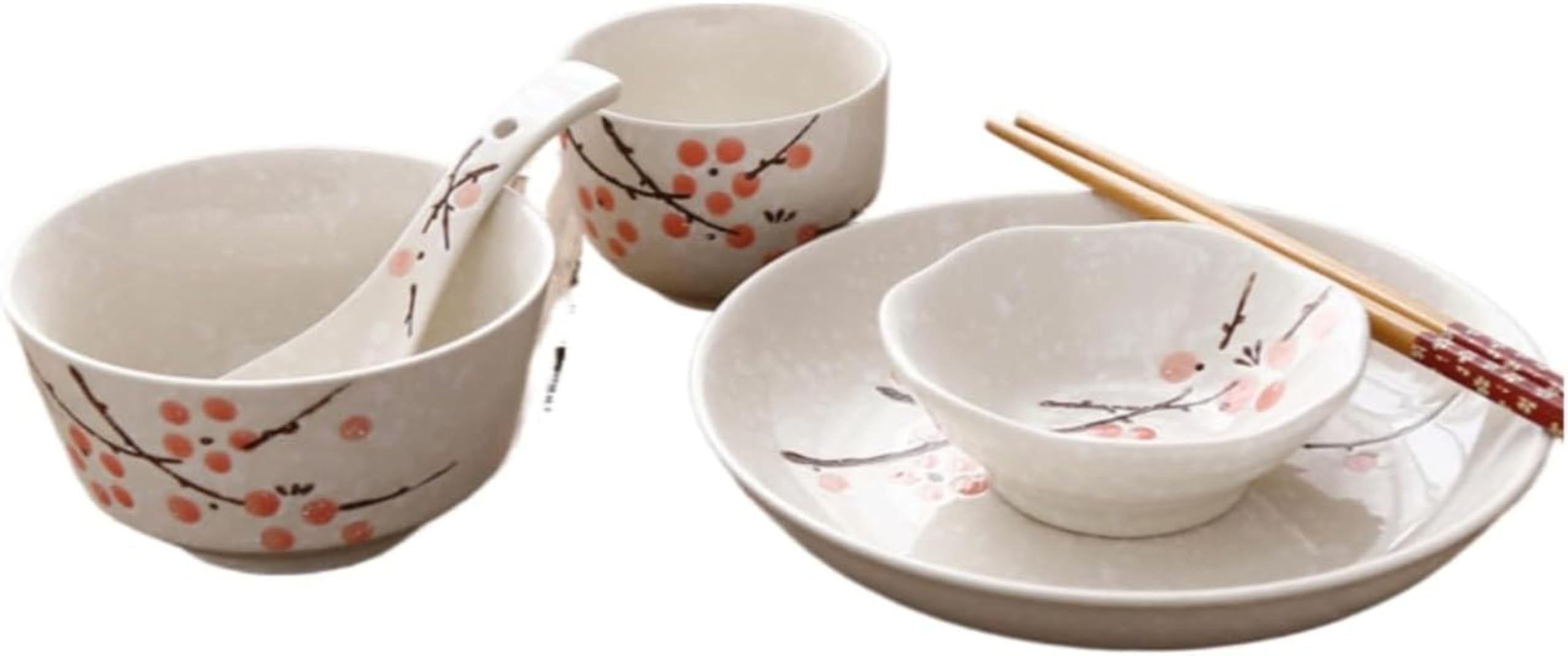 一人暮らし 6点食器セット 一人用 ディナー 箸付き 6点セット ご飯茶碗 皿 箸 野菜皿 家庭用 陶器 (紅梅)｜NeoMart