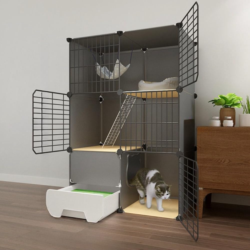 猫ハウス キャッテリー、2/3フロア標準猫、トイレ付き猫ケージ、猫フェンス猫フェンス小動物ケージ犬ケージ、1-3匹の猫に最適な運動場所/非常に広い空きスペース/家庭用屋内ヴィラ (3階-75*49*111,ブラック)|NeoMart