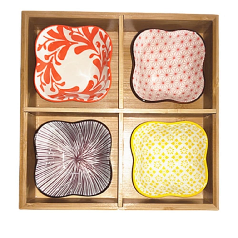 お皿 小皿セット和風 小皿セット 竹トレイ 陶器 前菜皿 盛り鉢 深型 仕切り付き 天然木小鉢 醤油皿 前菜皿 盛り鉢 和食器 セラミック アイスクリーム ソース皿 火鍋 焼肉屋 寿司屋 食洗機 ()|NeoMart