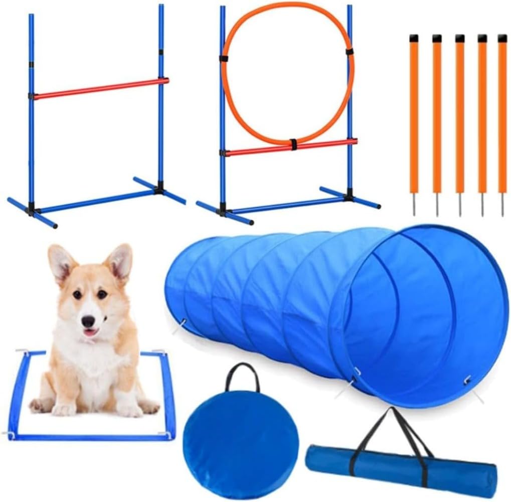 愛犬のアジリティを育むポータブルトレーニングセット。工具不要で簡単組立。折りたたみ式でキャリーバッグ付き。室内外で楽しく運動。 (パッケージ)｜NeoMart
