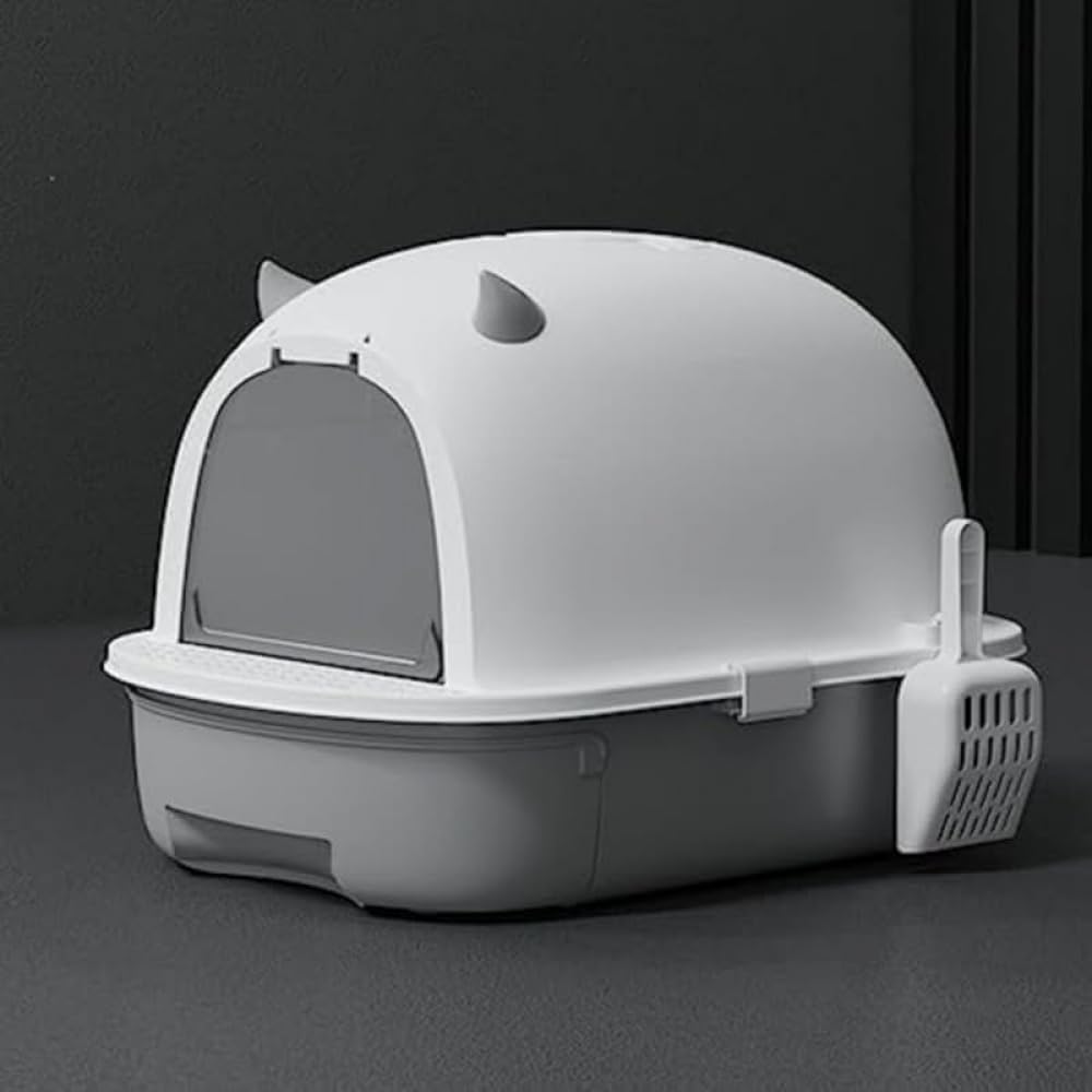 猫用トイレ本体 大型フルカバー 灰色おしゃれデザイン 引き出し式ふた付き 猫砂飛散防止・臭い防止 折りたたみ可能 スコップ付き ゆったり大サイズ猫トイレ 消臭 (グレー)｜NeoMart