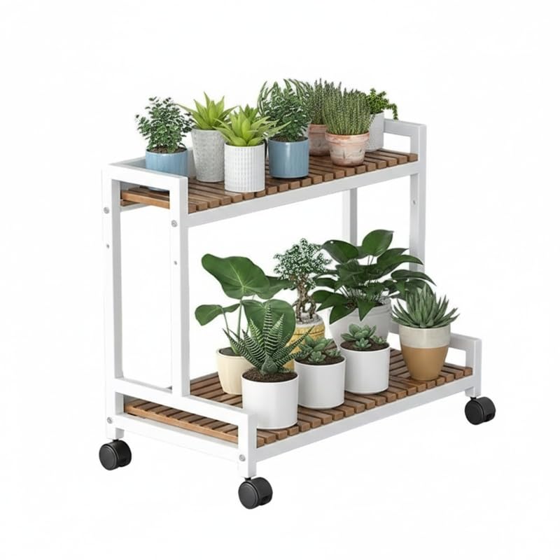 プランタースタンド 2段式 木製棚面 屋外室内適用 花置きスタンド 植物ラック キャスター付き 炭化工程 耐腐食性 (2層,ホワイト)｜NeoMart 27,524円