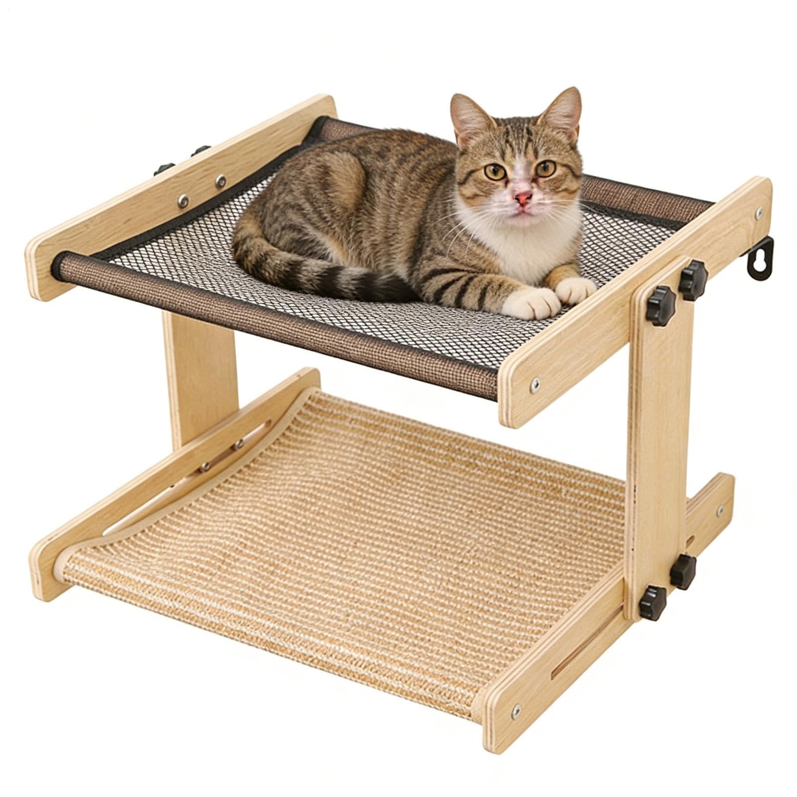 キャットウィンドウベッド - 木製ペット家具屋内用ハンモック | キャットシェルフ 止まり木 | ファームハウススタイル リビング 寝室 ベランダ 書斎 出窓 キャビネットサイド 取り付け簡単 通気性|NeoMart