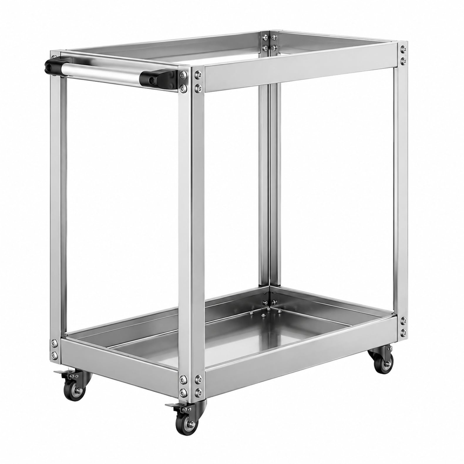 ステンレス製ツールワゴン キャスター付き 耐荷重200 ハンドル付き 工具収納 整備用 ガレージ 倉庫 キッチン 病院 美容院 日曜大工 作業台 運搬台車 (,2層)｜NeoMart