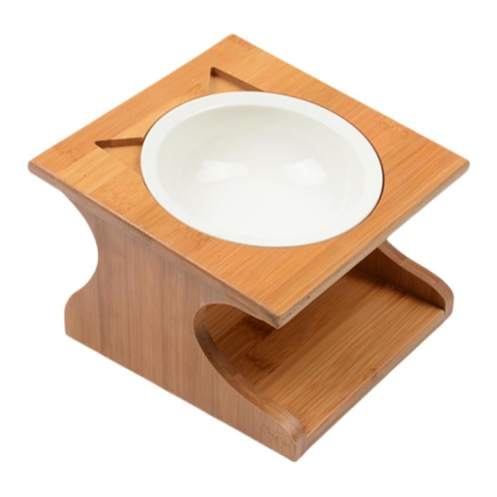 ペット用食器台 竹製台座 磁器ボウル 傾斜設計 単用 / 2 個用 / 3 個用 選べるタイプ 台座下収納 猫 犬 食事台 食べ残し防止 手入れ簡単 インテリアに馴染む 滑り止め 安定設置 ペットフードボウル 給水器 (シングルボウル)｜NeoMart