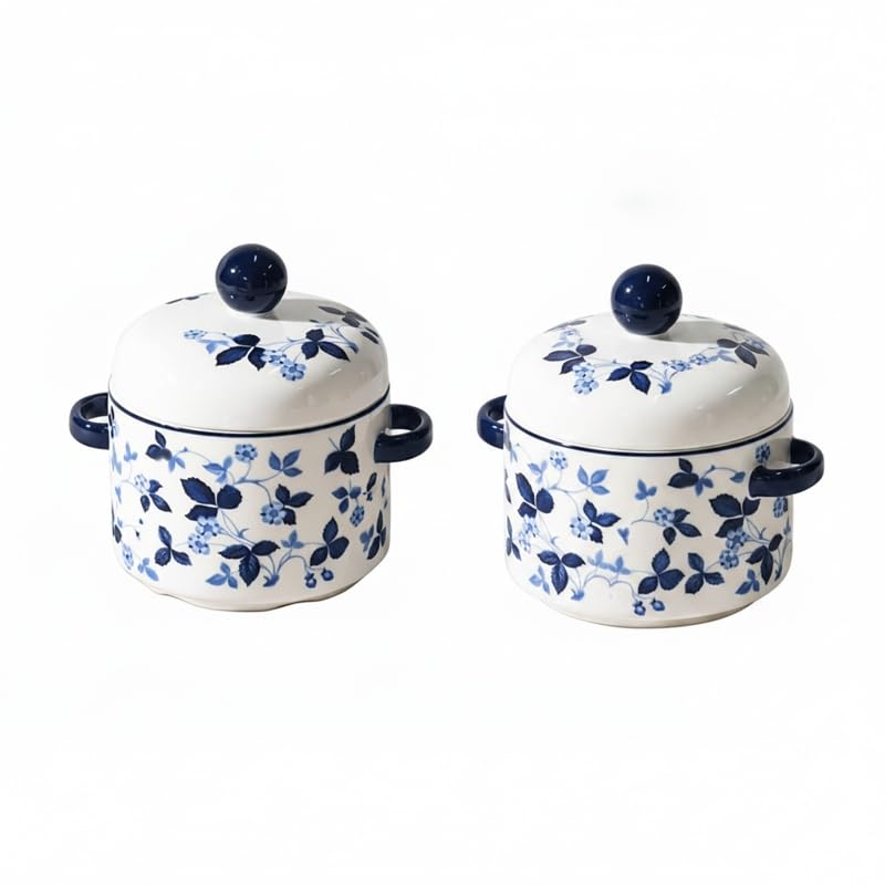 蒸し碗 蓋付き 二重蓋 陶器製 茶碗蒸し器 大きめ 両耳ハンドル付き 蒸し料理スープデザート対応 多用途 青花卉柄 (2,)|NeoMart