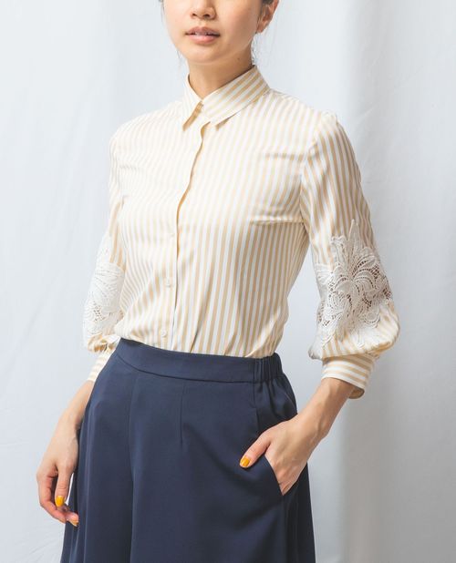 ★開始28h！20%OFFクーポン配布中★【期間限定60％OFF】《 袖レース ストライプ 八分袖 シャツ 》 レディース トップス ブラウス 異素材 フラワー レース ナラ カミーチェ NARACAMICIE ナラカミ アウトレット 送料無料