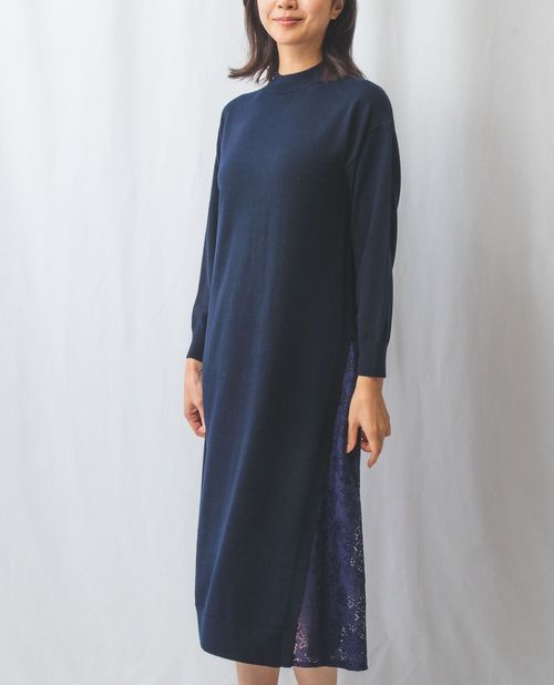 【期間限定タイムセール60％OFF】《【NALACARA】スリット レース ニットワンピース 》 レディース ワンピース 異素材 ドッキング 長袖 ハイネック 上品NARACAMICIE アウトレット 送料無料｜ナラカミーチェオンラインショップ