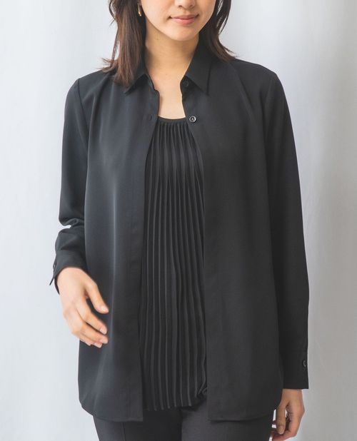 ★7/22～新規限定15％OFFクーポン★【期間限定タイムセール60％OFF】《ドビークロスフロントプリーツ 長袖 シャツ 》 レディース トップス レイヤード風 着回し 大きいサイズ NARACAMICIE ナラカミ アウトレット 送料無料｜ナラカミーチェオンラインショップ