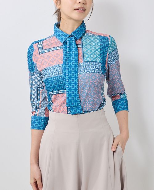 【50%OFF】《ボウタイブラウス パッチワークプリント ボウタイ カット ブラウス 》 レディース トップス カットソー 七分袖 ナラ カミーチェ NARACAMICIE ナラカミ アウトレット 送料無料