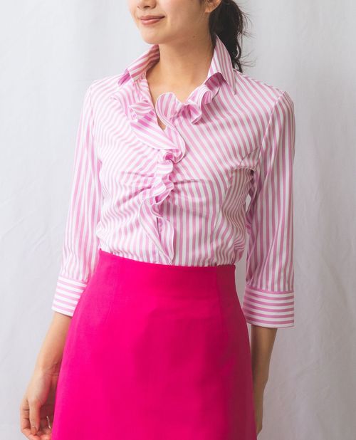 ★7/22~新規限定15%OFFクーポン★【期間限定タイムセール60%OFF】《フリルブラウス ストレッチ ストライプ フリル 七分袖 シャツ 》レディーストップス ブラウス きれいめ NARACAMICIE ナラカミ アウトレット 送料無料|ナラカミーチェオンラインショップ