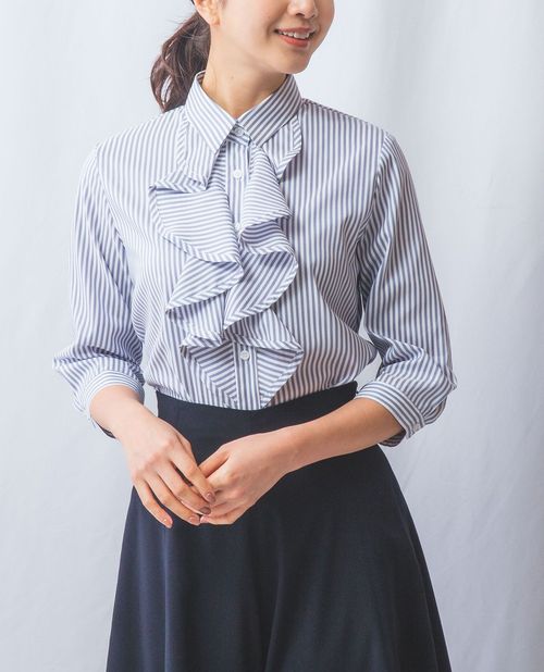 ★開始28h!20%OFFクーポン配布中★【期間限定55%OFF】《 フリルブラウス ストレッチ ストライプ フリル 七分袖 シャツ 》レディーストップス ブラウス フリル きれいめ ナラ カミーチェ NARACAMICIE ナラカミ アウトレット 送料無料