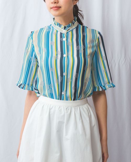 ★7/22~新規限定15%OFFクーポン★【期間限定タイムセール60%OFF】《GENIUS マルチストライプ フリル 半袖 ブラウス 》レディーストップス ストライプ フリル襟 フラワー NARACAMICIE ナラカミ アウトレット 送料無料|ナラカミーチェオンラインショップ