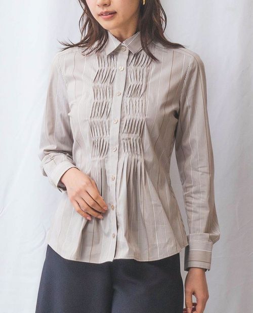 【今夜0時～】 20%OFFクーポン配布中★【50%OFF】《ストライプフロントデザインピンタック 長袖 シャツ 》レディーストップス ブラウス ストライプ シャツカラー オンオフ ナラ カミーチェ NARACAMICIE ナラカミ アウトレット 送料無料