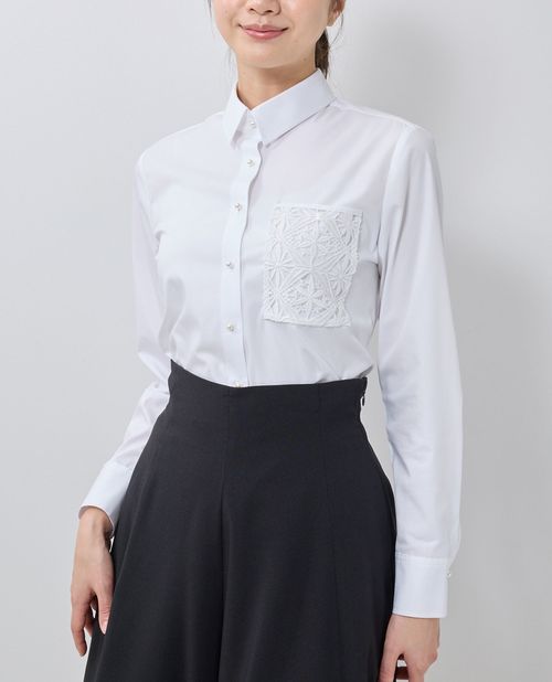 《 レースポケットシャツ衿 長袖 ブラウス 》レディーストップス シャツ 上品 きれいめ ホワイトシャツ 白シャツ レース 【 ナラカミーチェ 公式】 ナラ カミーチェ 送料無料