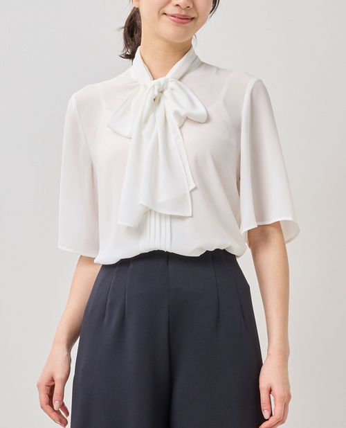 【再値下げ★50%OFF】《ジョーゼットフロントギャザー ボウタイ 半袖 ブラウス 》 レディース トップス 上品 フレア袖 【 ナラカミーチェ 公式】 ナラ カミーチェ 送料無料 送料無料|ナラカミーチェオンラインショップ