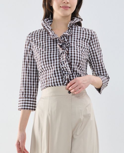 【再値下げ★50%OFF】《ギンガムチェックスタンドフリル 七分袖 シャツ 》 レディース トップス ブラウス フリル チェック柄 大人可愛い 【 ナラカミーチェ 公式】 ナラ カミーチェ 送料無料｜ナラカミーチェオンラインショップ