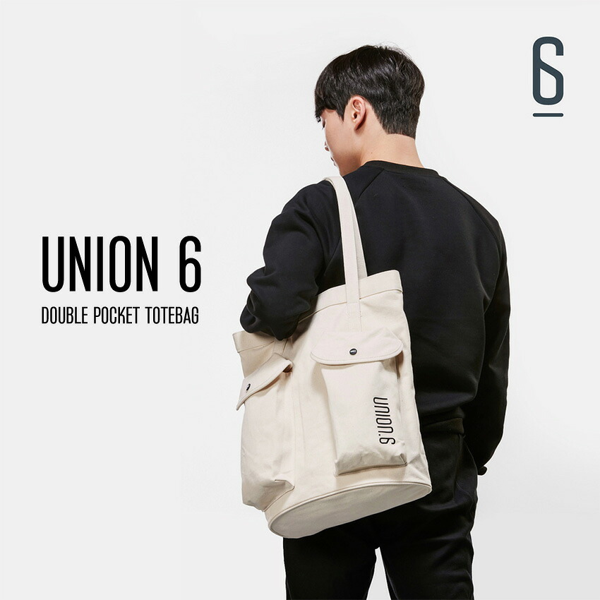トートバッグ キャンバス　レディース　メンズ　UNION.6 ユニオンシックス ダブルポケットキャンバストート　縦型　アイボリー　男女兼用　ユニセックス　撥水　韓国ファッション　韓国ブランド
