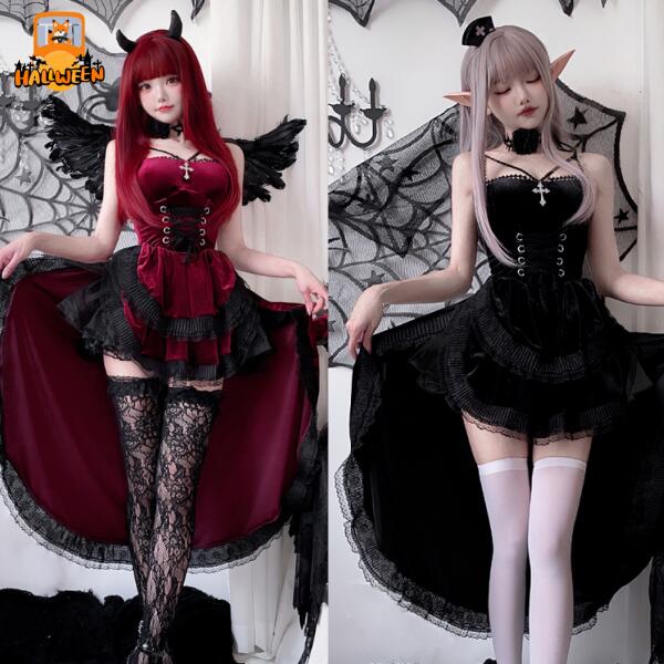 \\ハロウィン//コスプレ 魔女 仮装 悪魔 デビル ワンピース ドレス レディース 大人 女性 黒 ワインレッド 6点セット