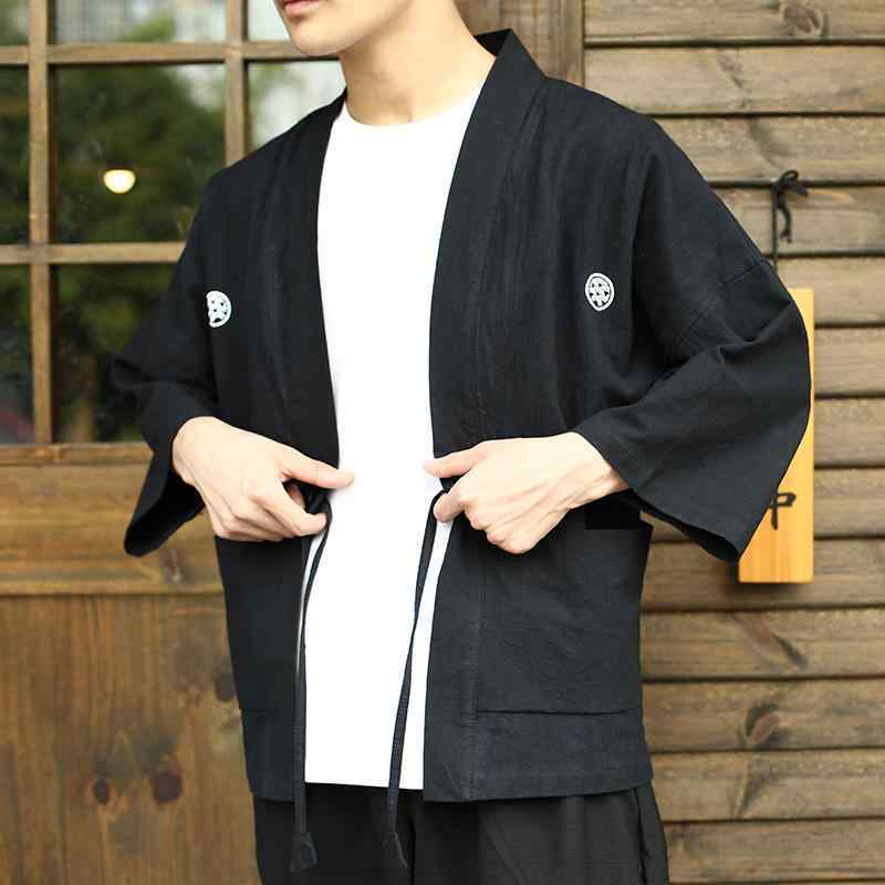 羽織り 男性服 メンズ 和装 伝統的 文化 老舗 半纏 はっぴ 甚平 綿 リネン 着物 ジャケット カーディガン ローブ 黒 ブラック レトロ クラシック お祭り スタッフ お店