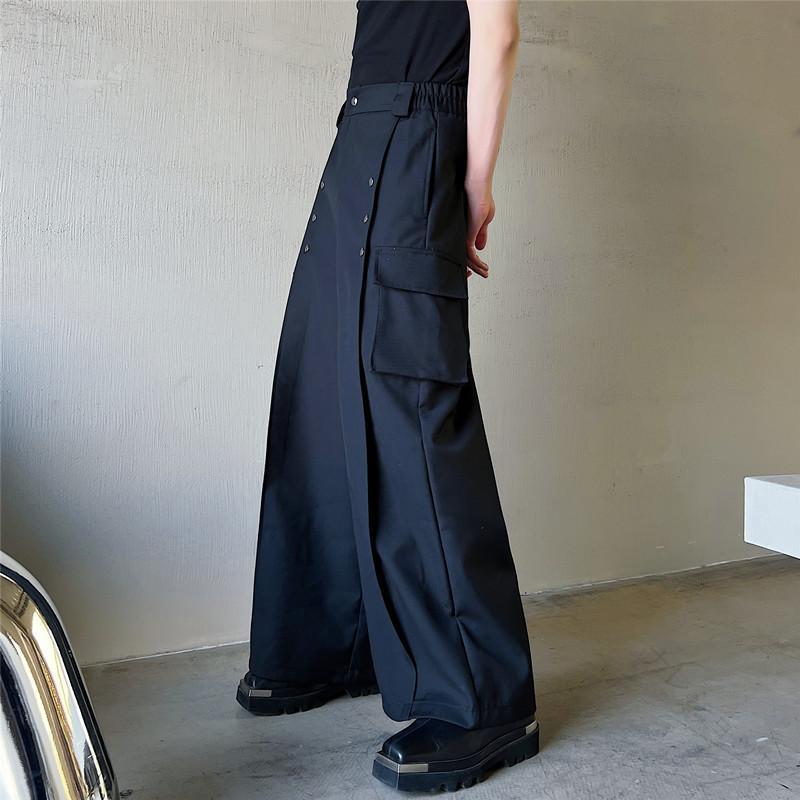 メンズ カーゴパンツ ストリート系 立体 ビッグ ポケット ルーズ ワイド バギー 裾長 ドレープ ロング ポリエステル 混紡 オールシーズン対応 カーキ ブラック 普段使い