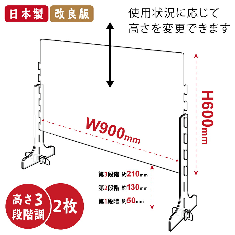 日本製 改良版 3段階調整可能 高透明度アクリルパーテーション W900mm×H600mm 飛沫防止対面式スクリーン デスクパーテーション デスク用 仕切り板 コロナ対策 衝立 飲食店 オフィス 学校 病院 薬局 角丸加工 組立式 cap-9060-2set とっておきし新春福袋