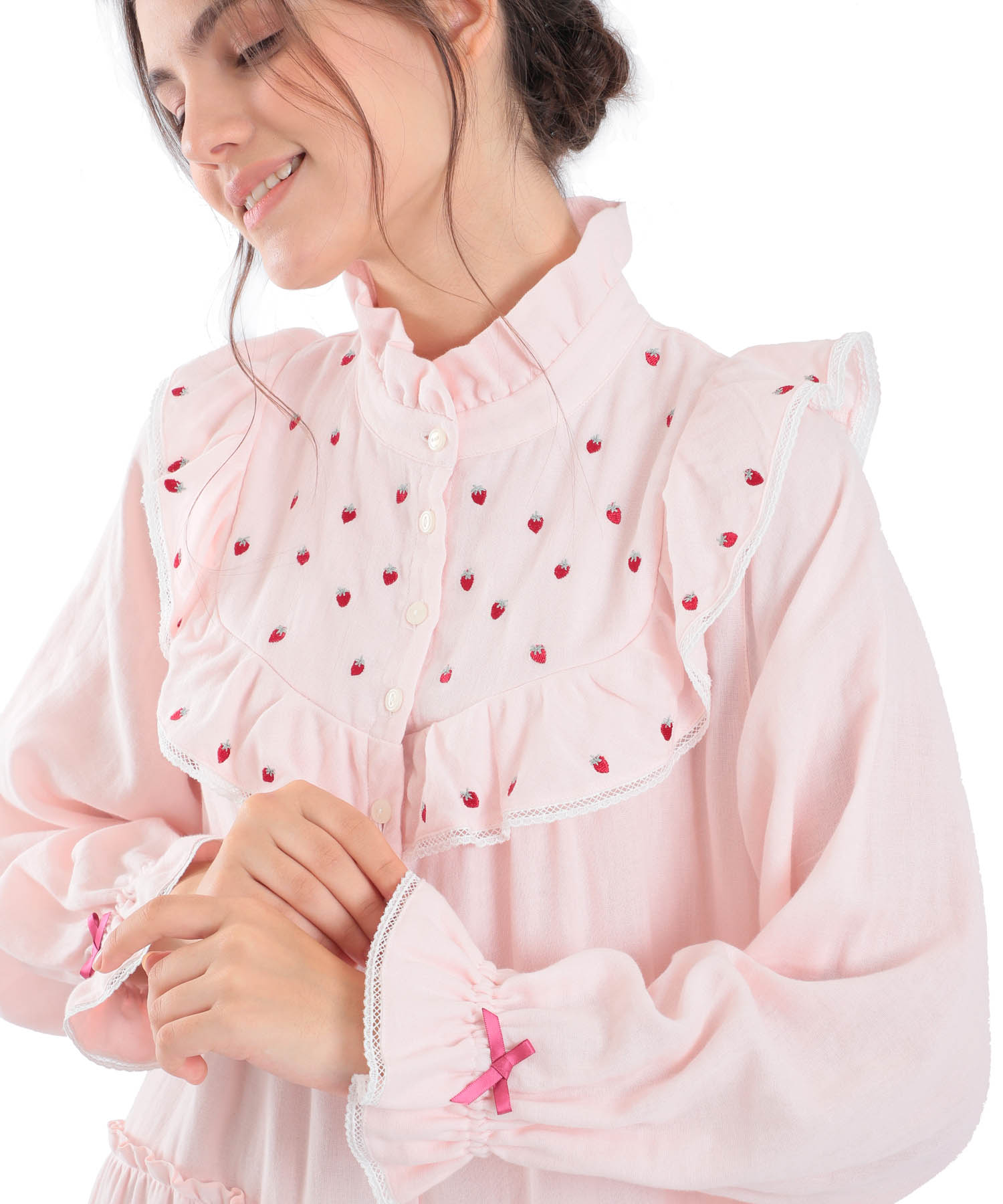 レディース 綿100 ホワイト 公式 長袖 秋 ワンピース 公式 ルームウェア ダブルガーゼフレーズ シャンティイ ネグリジェガーゼ ラデュレ Narue公式 冬 パジャマ 前開き 可愛い 部屋着 ギフト 入院 柄 ホワイト ピンク 21 M L ダブルガーゼフレーズ