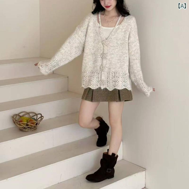 レディース ニットカーディガン 秋冬 立体フラワーデザイン Vネック 透かし編み ゆったり リラックス 上品 きれいめ カジュアル ベージュ ブルー グレー