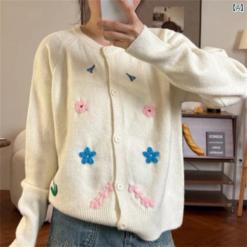 ニット カーディガン レディース 女性用 韓国風 立体フラワー 刺繍 前開き シングルボタン クルーネック ロングスリーブ 柔らか ふんわり 上品 フェミニン 秋冬 普段使い トップス 羽織り