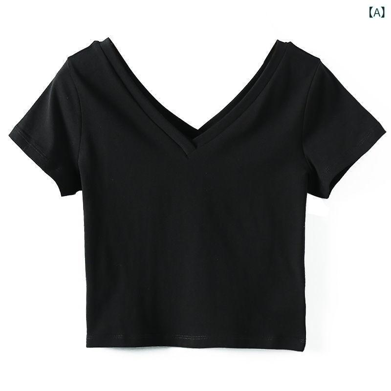 Tシャツ レディース ダブルVネック 半袖 ショート丈 クロップド丈 スタイルアップ 細見え スリム コットン100% 無地 シンプル ベーシック 韓国ファッション 普段使い デイリー トップス カットソー ブラック ホワイト