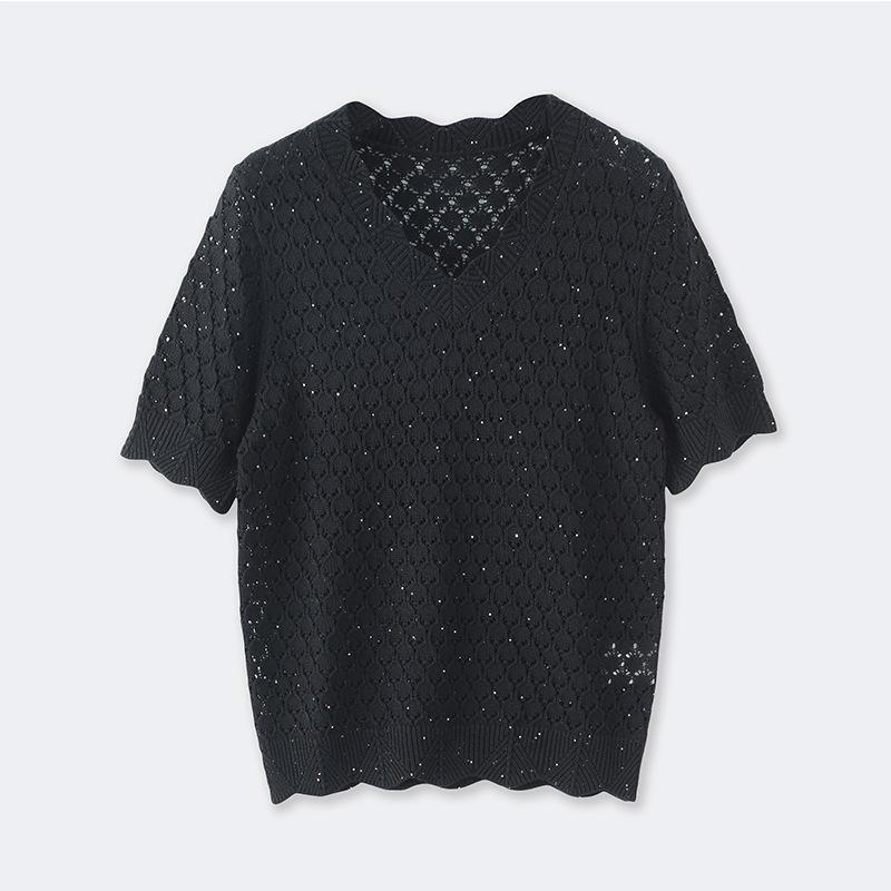 ニットトップス レディース V素っ首 半袖 かぎ編み 透かし編み カクテルドレスルー スパンコール アクリル繊維混紡 薄っぺら 素っ気ない肌ざわり 当たること冷感 さらさら ルーズフィット ゆったり 窈窕たる 通い 春夏 黒いこと