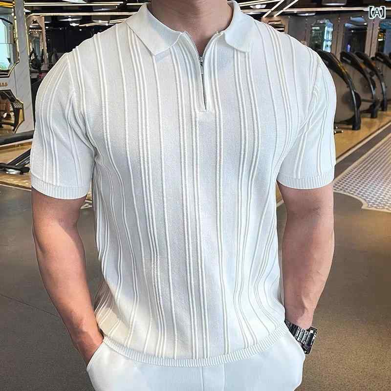 POLOシャツ メンズ ハーフジップ 半袖 春夏 襟付き ニット スリムフィット 薄手 綿混 通気性 ストレッチ シワになりにくい カジュアル ビジネス 上品 スタイリッシュ